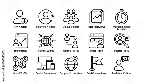 Website analytics icons: traffic, visitors, conversions, and more