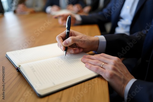 Business Meeting - Man Writing in a Notebook with Pen