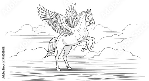 Mythical Pegasus winged horse line art illustration, majestic fantasy creature in black and white outline, ideal for coloring book design