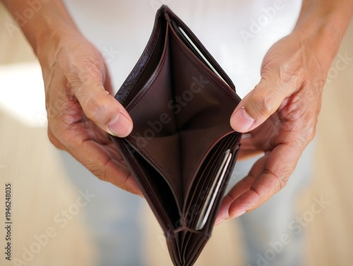 Empty Wallet Held in Hands - Financial Difficulties, Poverty, or Savings