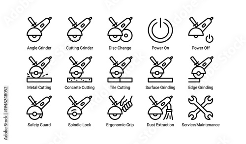 Angle grinder icon set: cutting, grinding, safety, maintenance, ergonomics