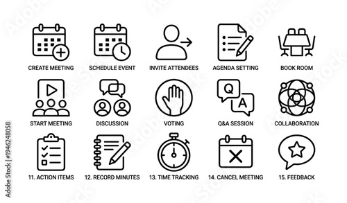 Meeting management icons: scheduling, attendees, agenda, discussion, collaboration
