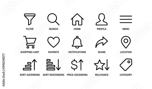 User interface icon set: filter, search, home, profile, menu, cart, heart, bell, arrow, pin
