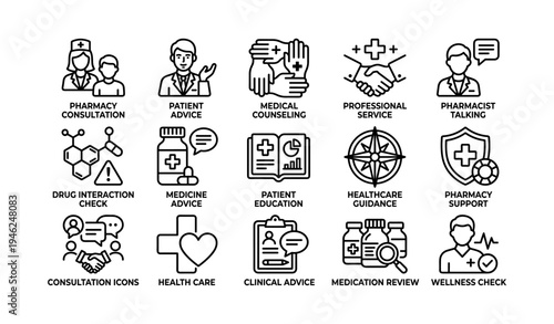 Healthcare consultation icons: pharmacy, medical advice, patient education, professional service