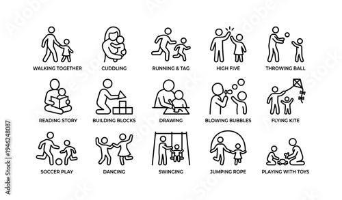 Illustrations of family activities featuring parents and children in playful interaction