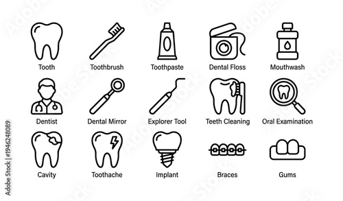 Dental icons set: toothbrush, toothpaste, dentist tools, orthodontics