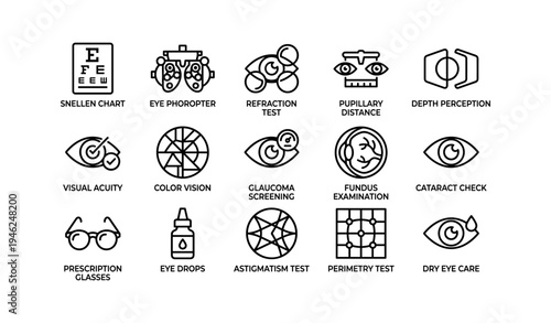 Vision testing icons: snellen chart, phoropter, color vision, glaucoma screening, eye care