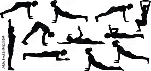 Yoga exercise silhouettes set, fitness training poses collection, stretching workout positions, healthy lifestyle sport activity isolated black silhouette illustration