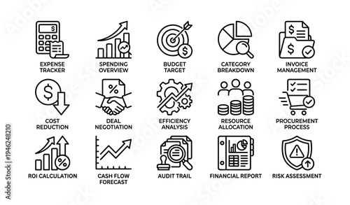 Business management icons: finance, strategy, analysis, procurement, risk