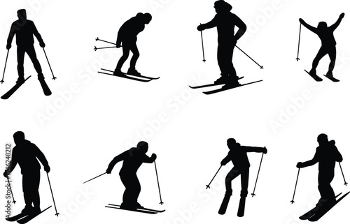 Winter sport ski silhouettes set, alpine skiing action poses, skier with poles, mountain adventure activity isolated black silhouettes collection winter