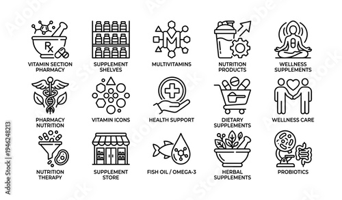 Health and wellness icons – supplements, nutrition, pharmacy, therapy, support