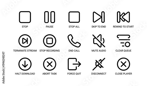 Media and communication control icons set with playback and phone features