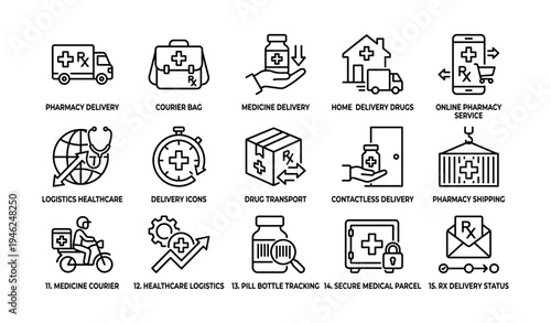 Healthcare delivery icons: pharmacy, courier, medicine, contactless, logistics