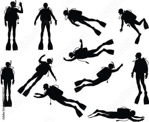 Scuba diver silhouettes collection, underwater diving poses set, ocean exploration sport activity icons, marine adventure illustration isolated