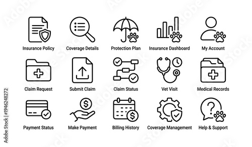 Insurance icons collection: policy, protection, claims, vet visit, billing management
