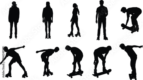 Roller skating and skateboarding silhouettes collection, youth street sport activity poses set, extreme urban recreation illustration isolated