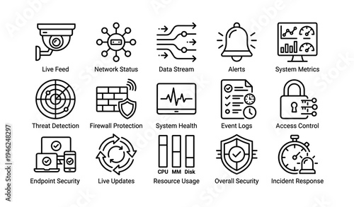 Network security and monitoring icons for data protection and system alerts