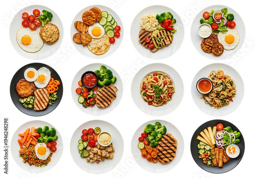 Top view collage of various healthy balanced meals on white plates isolated on white background.