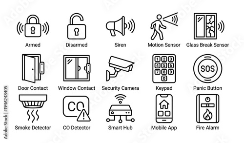 Smart home security system icons with sensors and alerts