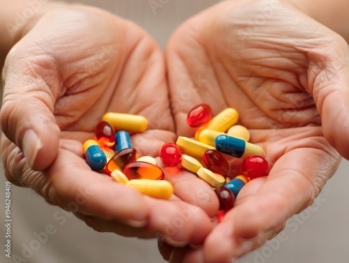 Multicolored Pills Held in Open Hands - Healthcare and Wellness Concept