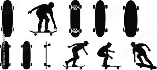 skateboard silhouette set, skater trick action collection, black skateboard deck icons, street sport athlete shapes, isolated vector illustration