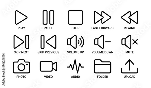 Multimedia control icons: play, pause, stop, fast forward, rewind