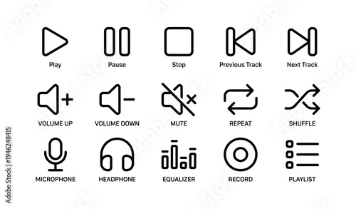 Minimalist audio and playback control icons set for music and media applications