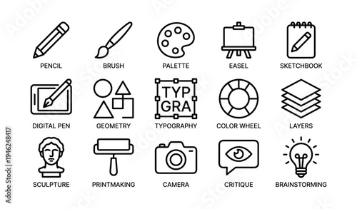 Art tools and concepts icons: pencil, brush, palette, easel, typography