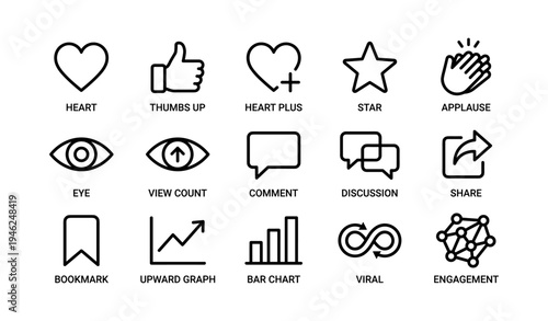 Minimalist social media icons: heart, thumbs up, and more