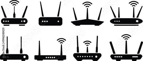 wifi router silhouette collection, wireless internet modem set, black network device icons, antenna signal technology equipment, isolated vector illustration