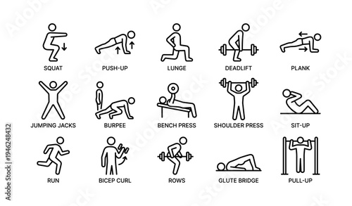 Stick figure exercise icons illustrating various fitness and strength training activities