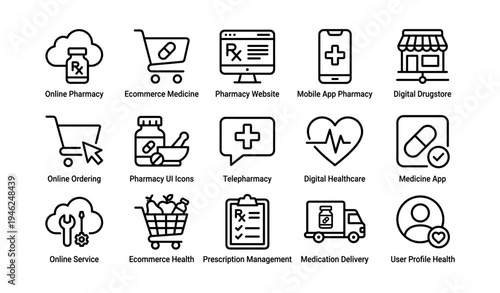 Icons representing digital pharmacy and healthcare services