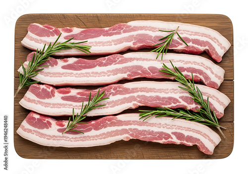 Fresh Raw Streaky Bacon Strips with Rosemary Sprigs on a Wooden Board, Isolated on White Background