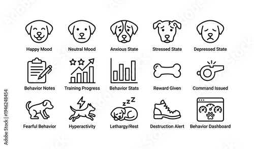 Dog behavior icons: emotions, training, and activity symbols