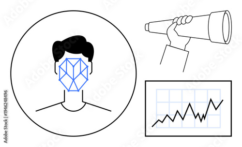 Facial recognition, data trends, market analysis, future vision, predictive tech, technology applications. A face with a geometric pattern, telescope and growth chart. Facial recognition and data
