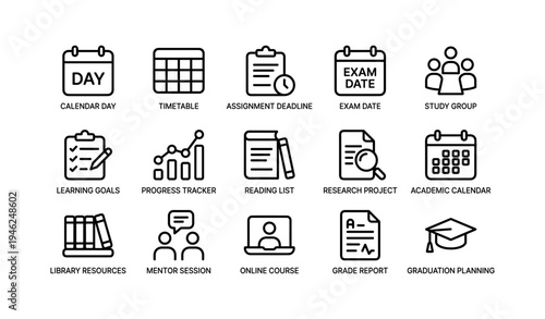 Educational icons set: calendar, study, research, online learning, graduation