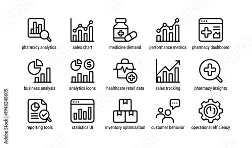 Pharmacy analytics and sales tracking icons: medicine demand, business insights, performance metrics