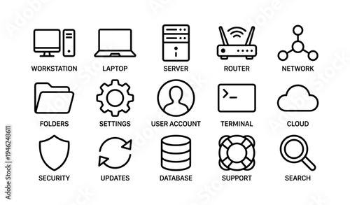 Sixteen technology icons including server router cloud security and more
