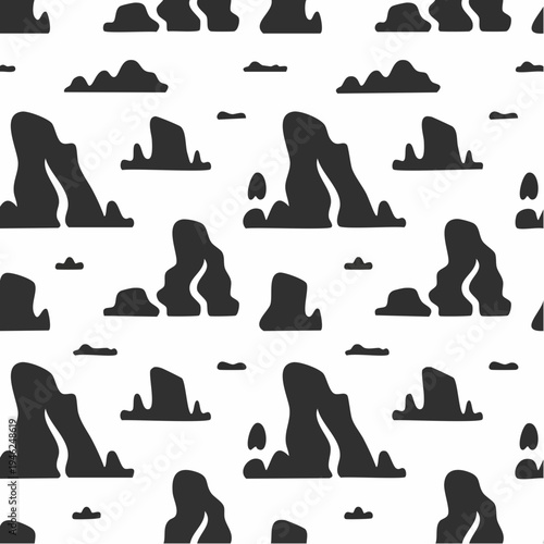 black silhouette rocky landscape seamless pattern design