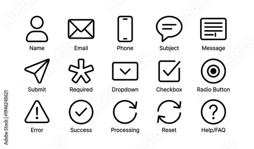 Essential user interface icons for forms: submit, dropdown, error, success, and more