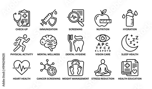 Essential health and wellness icons for checkup and lifestyle management