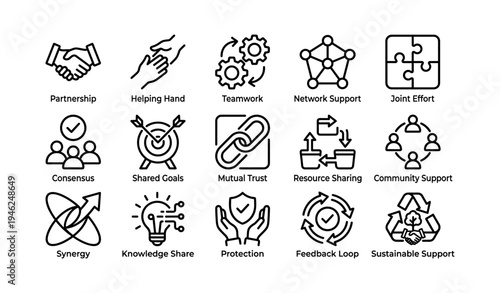 Collaborative concepts: partnership, teamwork, mutual trust, resource sharing, sustainable support icons