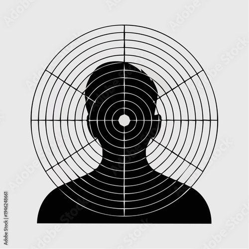 Black silhouette of a person's head and shoulders with a concentric ci
