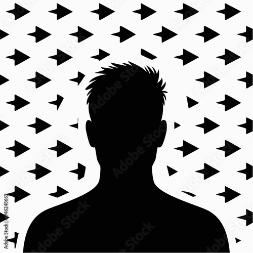 Black silhouette of man with short hair surrounded by flying arrows