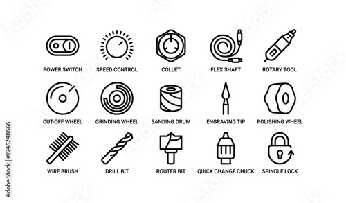 Icon set of rotary tool accessories and attachments for diy projects