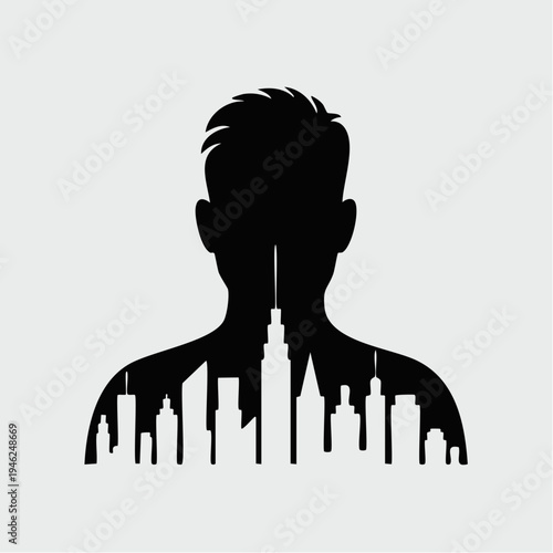 Black silhouette of man with city skyline across shoulders