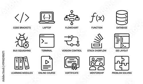 Programming tools and concepts icons: code, database, laptop, flowchart, learning