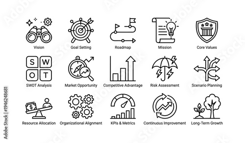 Business strategy icons: vision, goal setting, roadmap, swot, risk assessment, growth