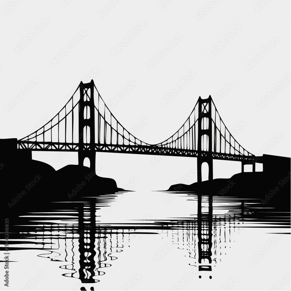 Fototapeta premium black silhouette suspension bridge illustration on white background