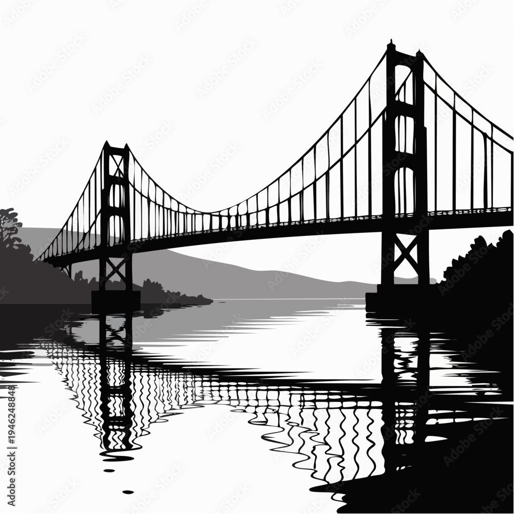 Fototapeta premium black silhouette of suspension bridge over water